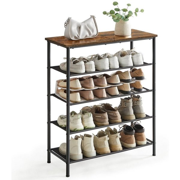 VASAGLE Schuhregal Schuhablage für Eingangsbereich, Stahl, Platzsparend, Industrie-Design, Schuhregal mit 5 Ebenen, 4 Stoffablagen, große Oberfläche für Taschen