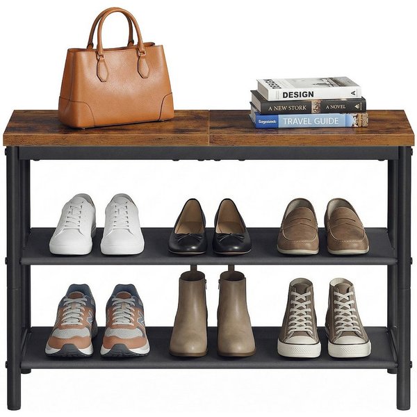 VASAGLE Schuhregal Schuhablage für Eingangsbereich, Stahl, Platzsparend, Industrie-Design, 3 Ebenen, Stoffablagen, große Oberfläche für Taschen, Metall