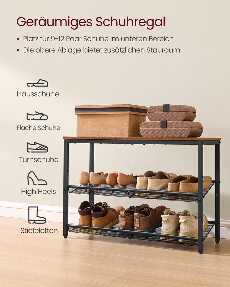 VASAGLE Schuhregal Schuhschrank offen, Schuhablage, für Taschen, Eingangsbereich, Flur, 3 Ebenen, verstellbare Gitterablagen, Industrie-Stil, 28 x 75 x 53 cm – Bild 3 von 5