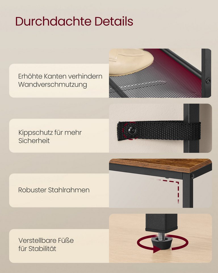 VASAGLE Schuhregal Schuhschrank offen, Schuhablage, für Taschen, Eingangsbereich, Flur, 3 Ebenen, verstellbare Gitterablagen, Industrie-Stil, 28 x 75 x 53 cm – Bild 4 von 5
