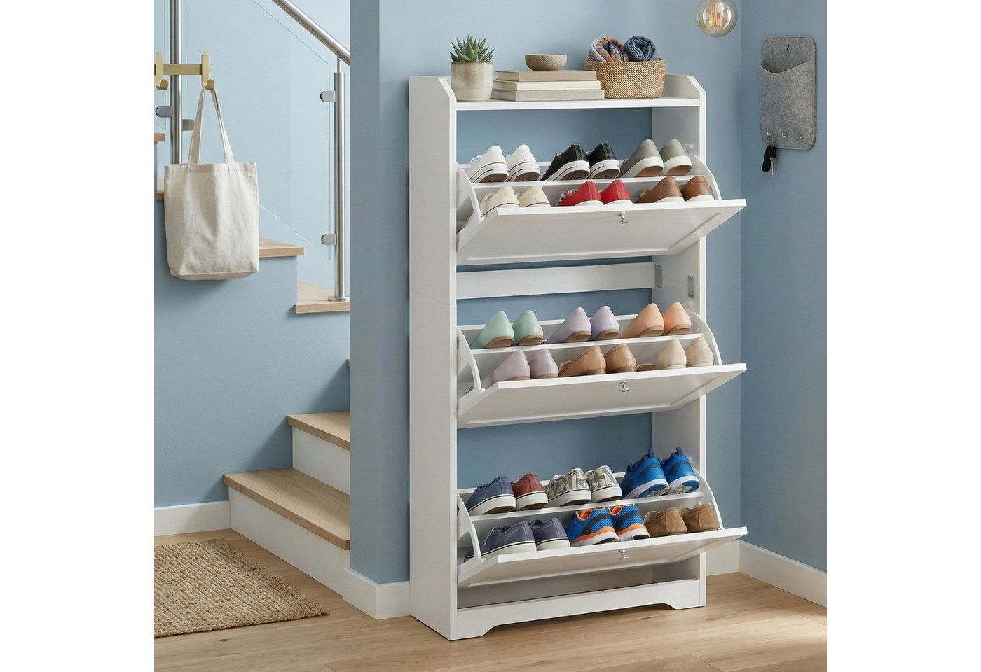 VASAGLE Schuhschrank 3 Klappen, Schuhkipper, Schuhaufbewahrung, erhöhte Kanten, für Flur Trennwand verstellbar, für bis zu 12-20 Paar Schuhe – Bild 2 von 5