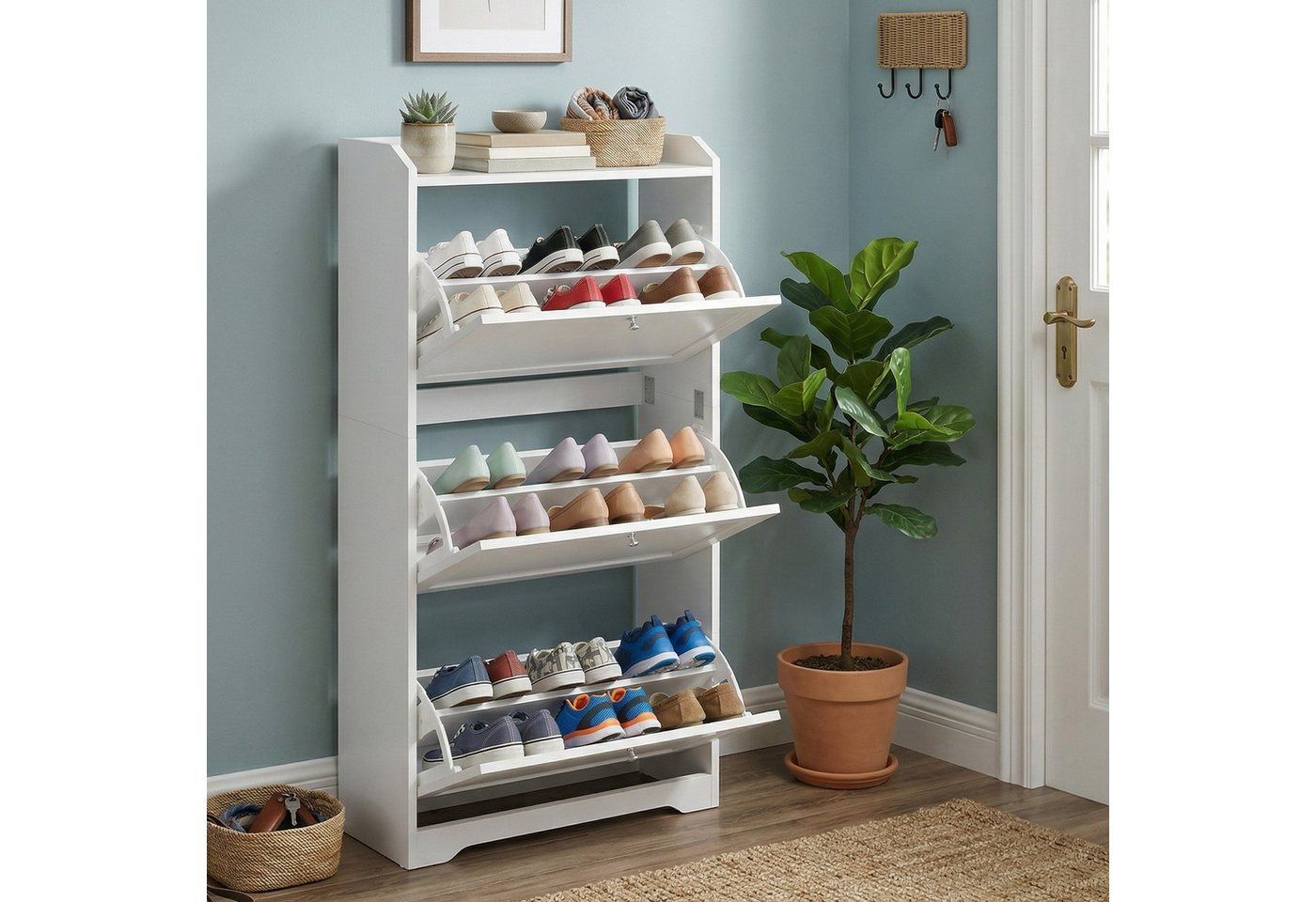 VASAGLE Schuhschrank 3 Klappen, Schuhkipper, Schuhaufbewahrung, erhöhte Kanten, für Flur Trennwand verstellbar, für bis zu 12-20 Paar Schuhe – Bild 3 von 5