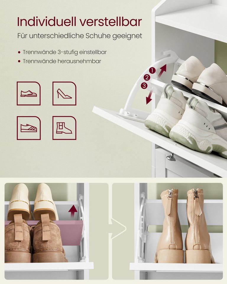 VASAGLE Schuhschrank 3 Klappen, Schuhkipper, Schuhaufbewahrung, erhöhte Kanten, für Flur Trennwand verstellbar, für bis zu 12-20 Paar Schuhe – Bild 4 von 5