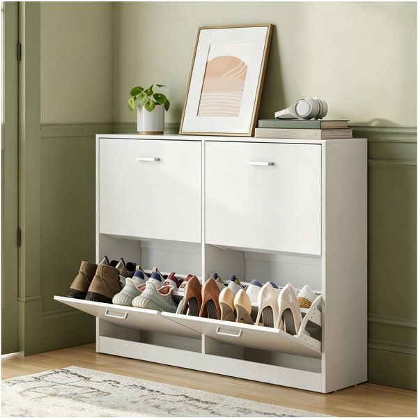 VASAGLE Schuhschrank 4 Klappen, Schuhkipper, Schuhregal schmal, Trennwand verstellbar Für 16-28 Paar Schuhe, EU-Größe bis 48,5, Flur Eingangsbereich