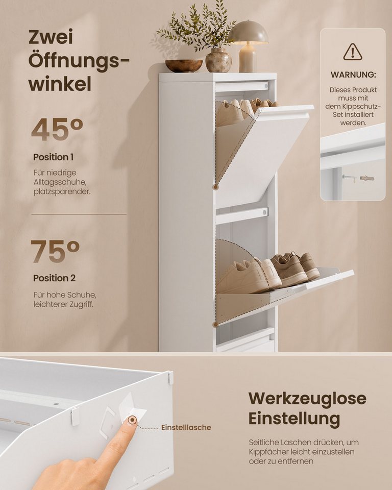 VASAGLE Schuhschrank Schmaler Schuhkipper Metall, 4 Klappen, für Flur 15,5 cm tief, für EU-Schuhgröße 45 – Bild 5 von 5