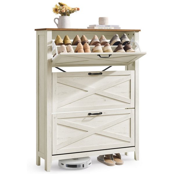 VASAGLE Schuhschrank Schuhkipper, Landhausstil, für Eingangsbereich Schuhregal schmal, Trenwand verstellbar, mit Kippschutz,3 Klappen
