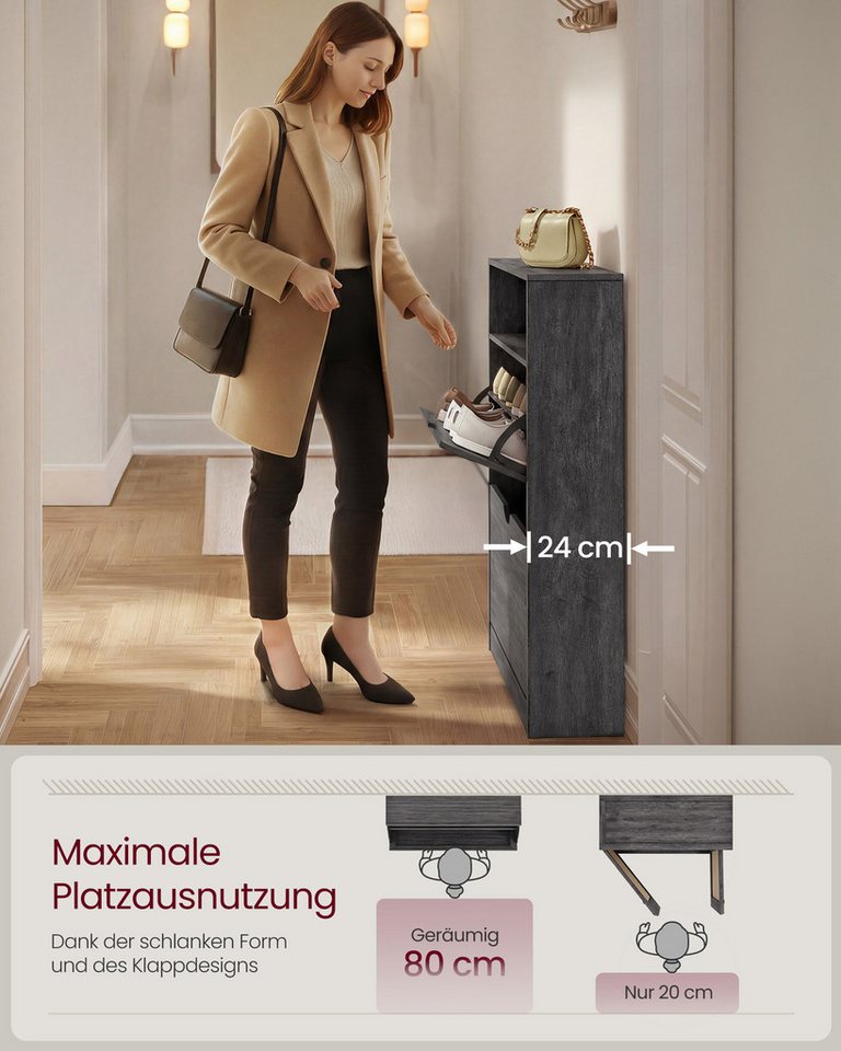 VASAGLE Schuhschrank Schuhkipper, 2 oder 3 Klappen, Trennwände verstellbar 24 x 80 x 102 cm, Schuhaufbewahrung, offenes Fach, Trennwand – Bild 3 von 5