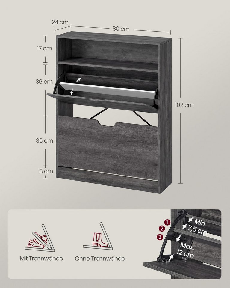VASAGLE Schuhschrank Schuhkipper, 2 oder 3 Klappen, Trennwände verstellbar 24 x 80 x 102 cm, Schuhaufbewahrung, offenes Fach, Trennwand – Bild 5 von 5