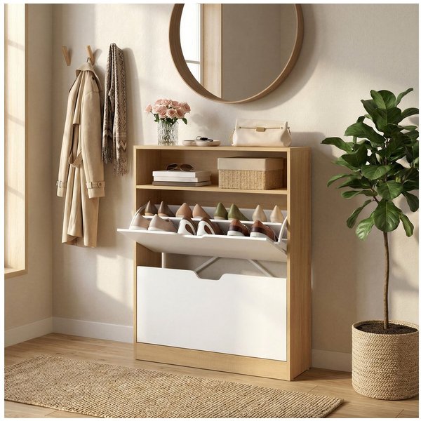 VASAGLE Schuhschrank Schuhkipper, 2 oder 3 Klappen, Trennwände verstellbar 24 x 80 x 102 cm, Schuhaufbewahrung, offenes Fach, Trennwand