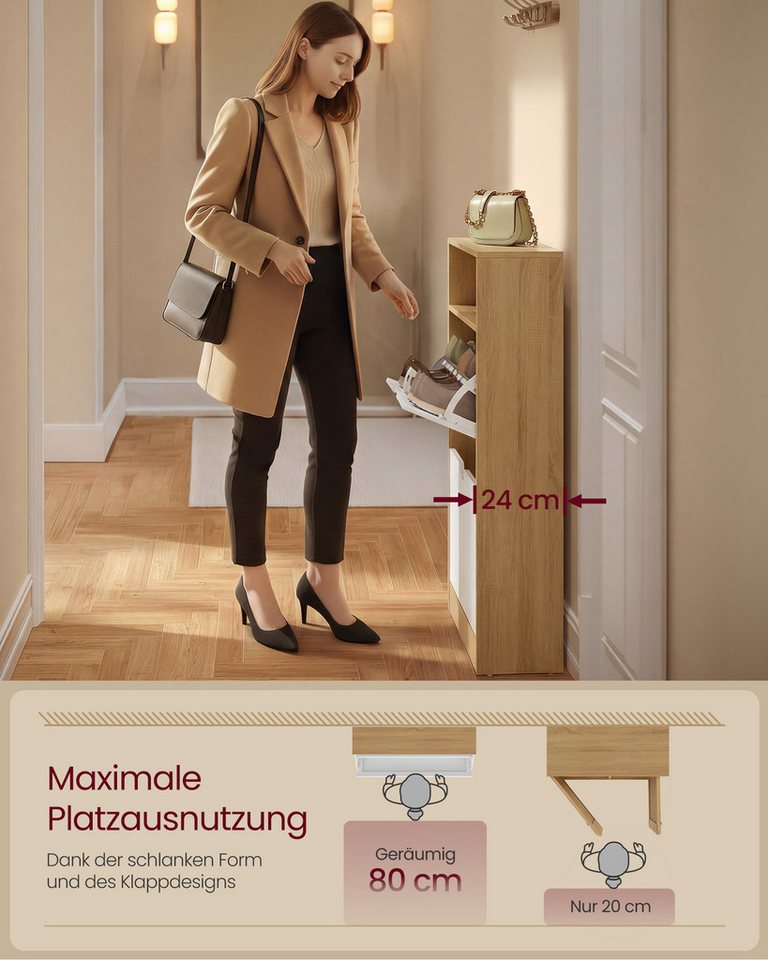VASAGLE Schuhschrank Schuhkipper, 2 oder 3 Klappen, Trennwände verstellbar 24 x 80 x 102 cm, Schuhaufbewahrung, offenes Fach, Trennwand – Bild 5 von 5