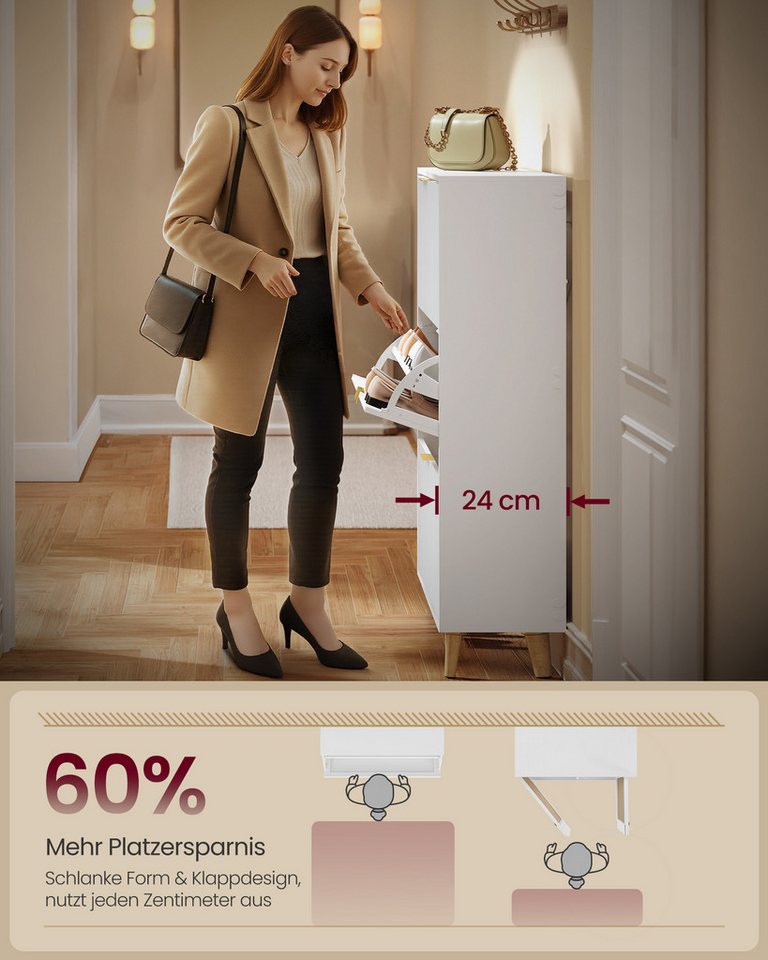 VASAGLE Schuhschrank Schuhkipper schmal, Schuhregal für Eingangsbereich, geriffelte Türen mit 3 Klappen, für 18-24 Paar Schuhe, 24 x 80 x 123 cm (T x B x H) – Bild 3 von 5