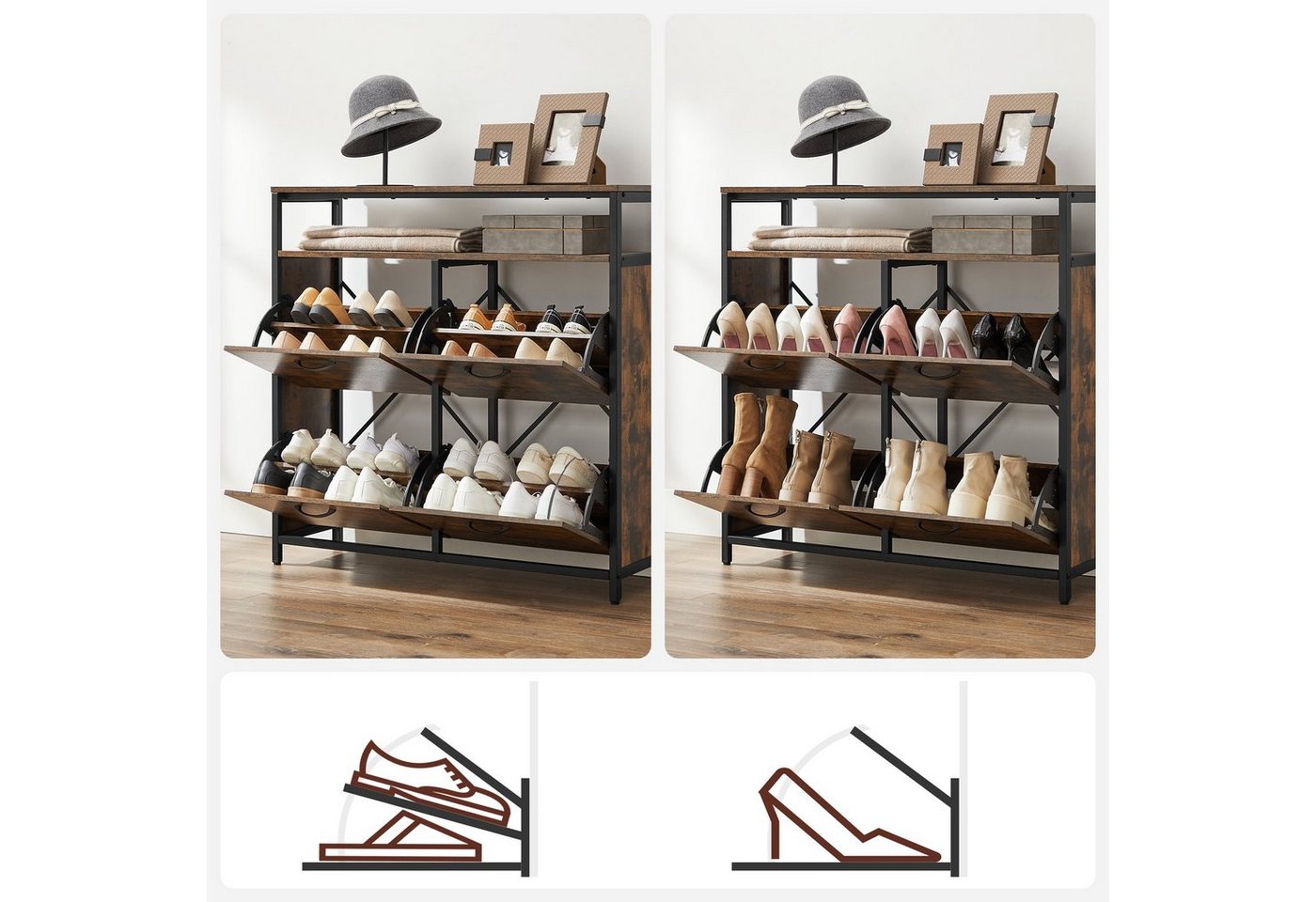 VASAGLE Schuhschrank Schuhregal, Schuhablage, für 12-20 Paar Schuhe, 98,3 x 30 x 95 cm 4 Klappen, Schuhkipper, Schuhkommode, im Flur, vintagebraun-schwarz – Bild 4 von 5