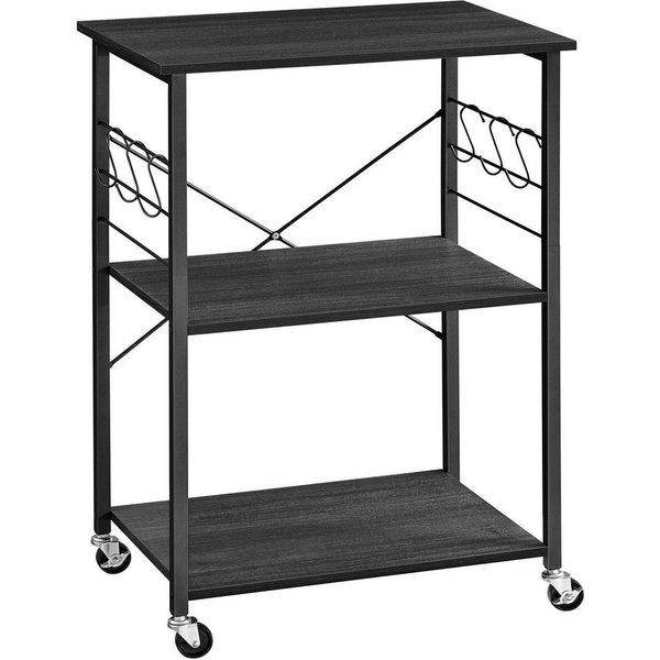 VASAGLE Servierwagen Küchenregal auf Rollen, mit 3 Ebenen, Mikrowellenregal mit 6 Haken, 60 x 40 x 89 cm, Küchenwagen für Mini-Backofen und Toaster