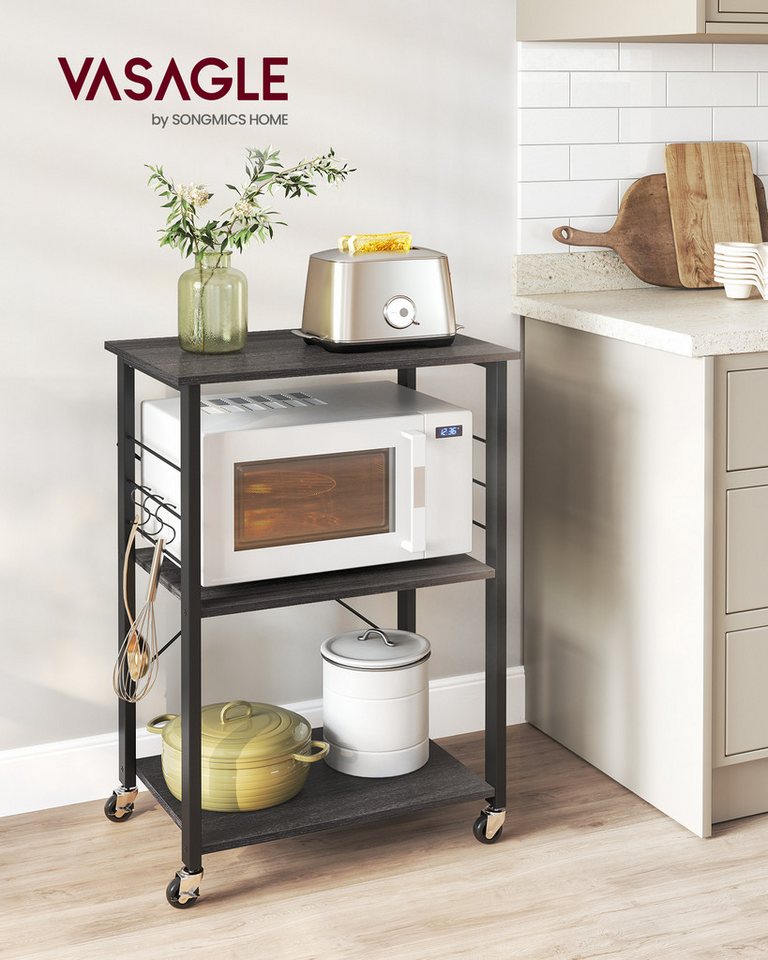 VASAGLE Servierwagen Küchenregal auf Rollen, mit 3 Ebenen, Mikrowellenregal mit 6 Haken, 60 x 40 x 89 cm, Küchenwagen für Mini-Backofen und Toaster – Bild 2 von 5