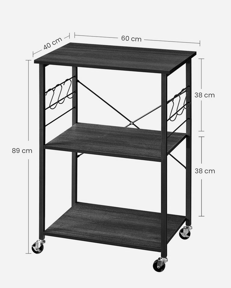 VASAGLE Servierwagen Küchenregal auf Rollen, mit 3 Ebenen, Mikrowellenregal mit 6 Haken, 60 x 40 x 89 cm, Küchenwagen für Mini-Backofen und Toaster – Bild 3 von 5
