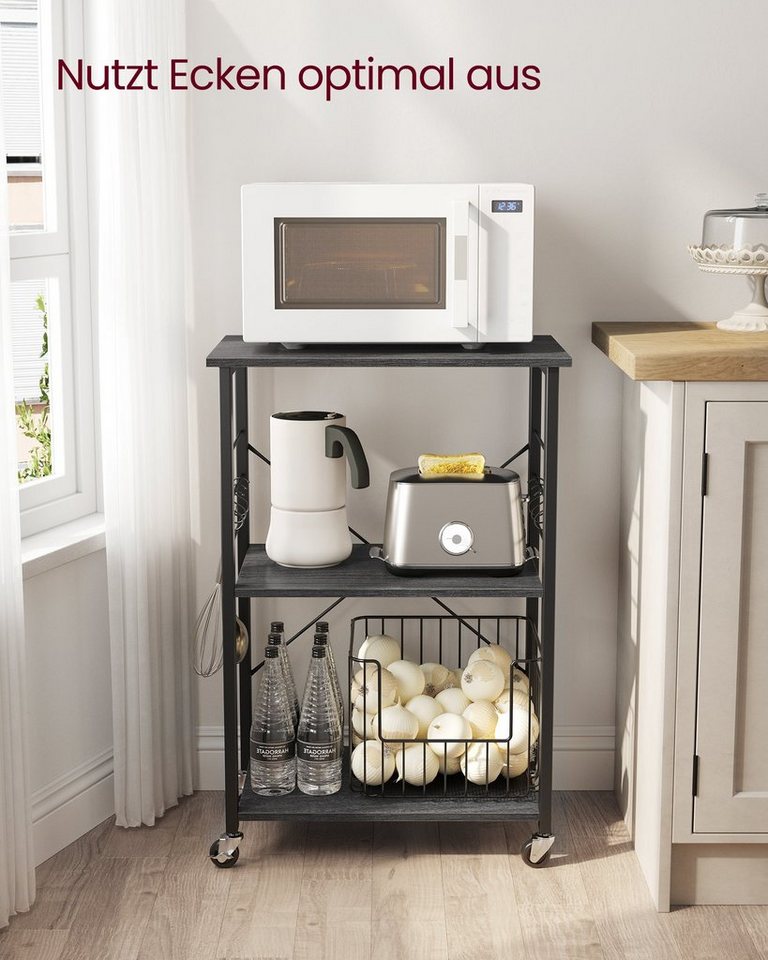 VASAGLE Servierwagen Küchenregal auf Rollen, mit 3 Ebenen, Mikrowellenregal mit 6 Haken, 60 x 40 x 89 cm, Küchenwagen für Mini-Backofen und Toaster – Bild 4 von 5