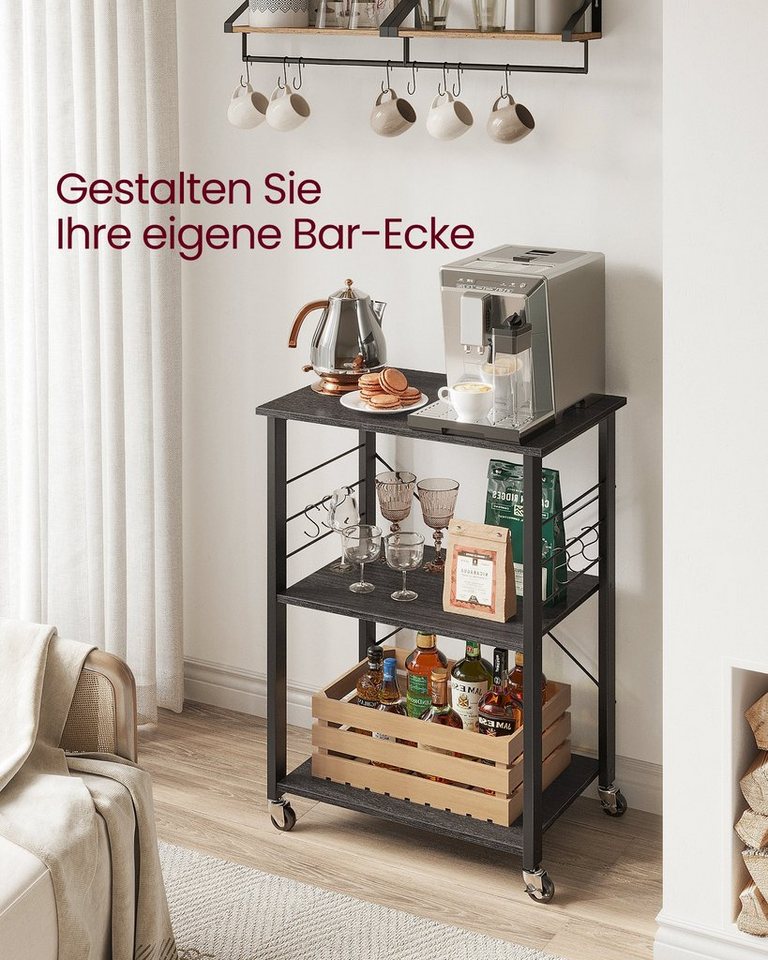 VASAGLE Servierwagen Küchenregal auf Rollen, mit 3 Ebenen, Mikrowellenregal mit 6 Haken, 60 x 40 x 89 cm, Küchenwagen für Mini-Backofen und Toaster – Bild 5 von 5