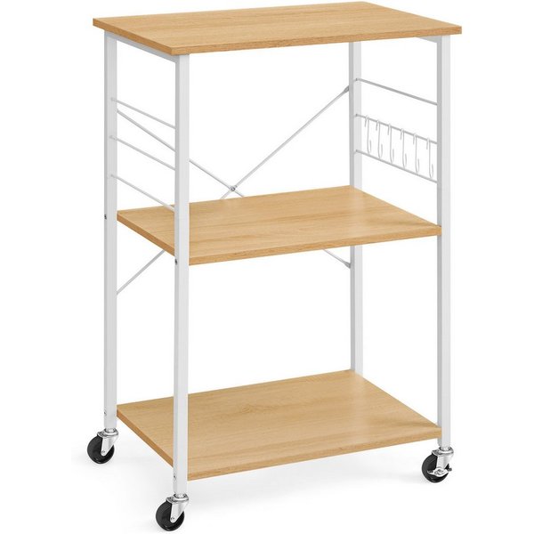 VASAGLE Servierwagen Küchenregal auf Rollen, mit 3 Ebenen, Mikrowellenregal mit 6 Haken, 60 x 40 x 89 cm, Küchenwagen für Mini-Backofen und Toaster