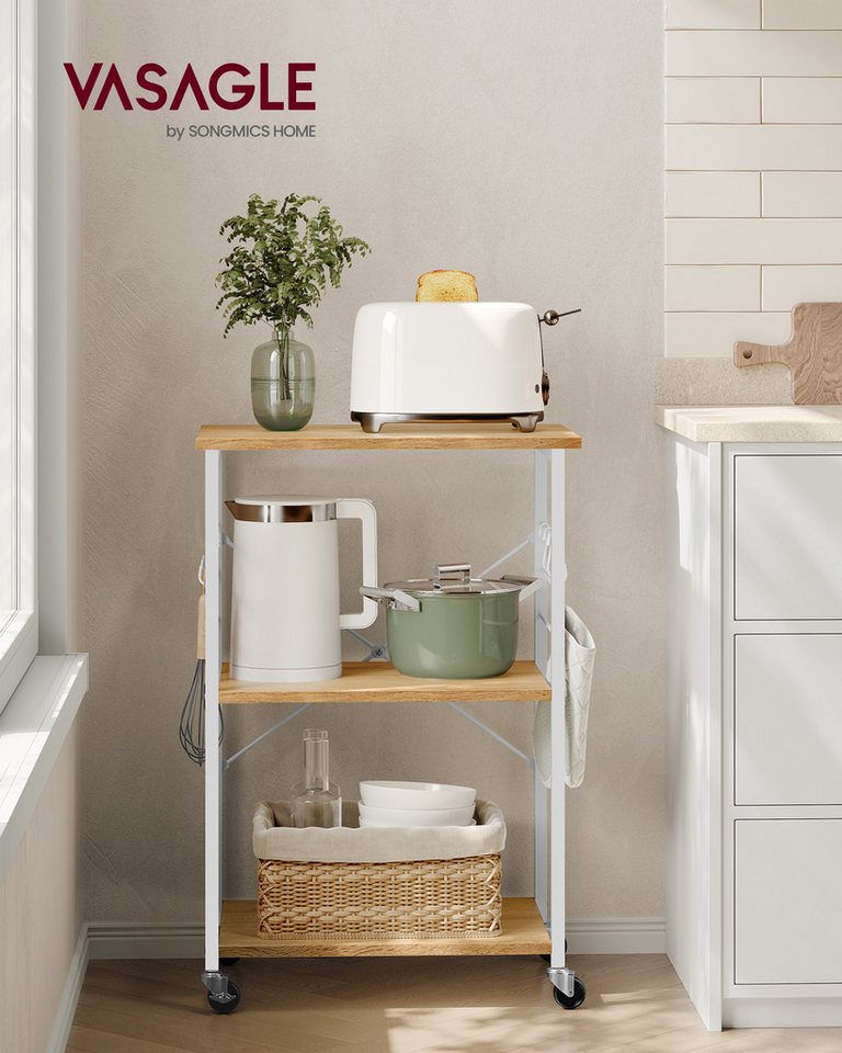 VASAGLE Servierwagen Küchenregal auf Rollen, mit 3 Ebenen, Mikrowellenregal mit 6 Haken, 60 x 40 x 89 cm, Küchenwagen für Mini-Backofen und Toaster – Bild 2 von 5