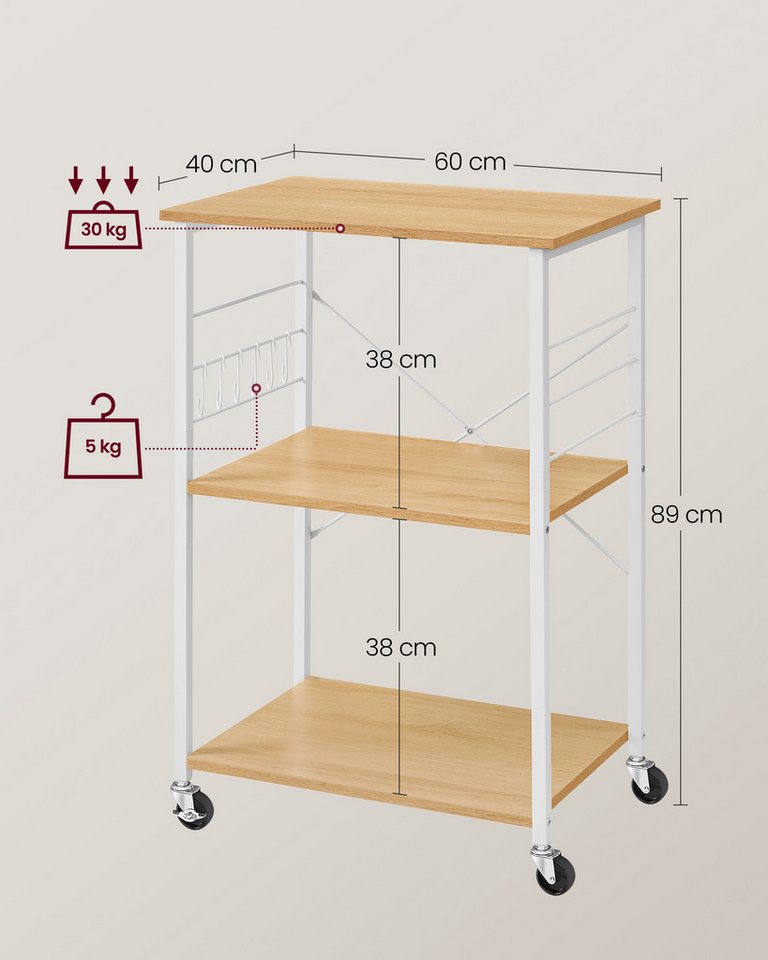 VASAGLE Servierwagen Küchenregal auf Rollen, mit 3 Ebenen, Mikrowellenregal mit 6 Haken, 60 x 40 x 89 cm, Küchenwagen für Mini-Backofen und Toaster – Bild 3 von 5