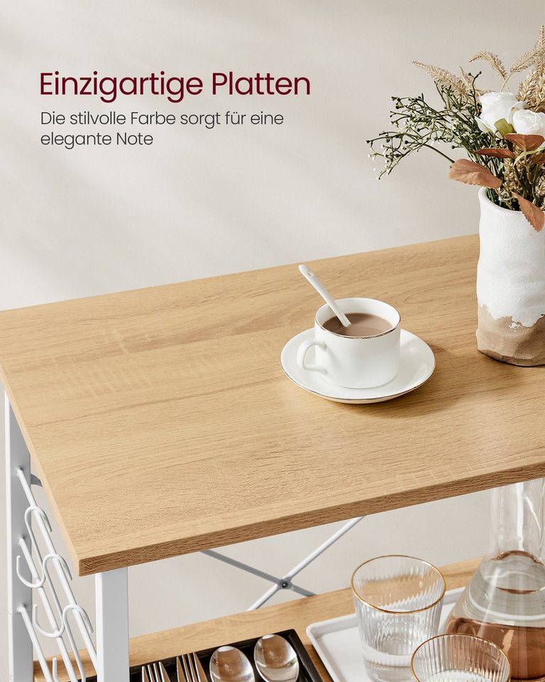 VASAGLE Servierwagen Küchenregal auf Rollen, mit 3 Ebenen, Mikrowellenregal mit 6 Haken, 60 x 40 x 89 cm, Küchenwagen für Mini-Backofen und Toaster – Bild 5 von 5
