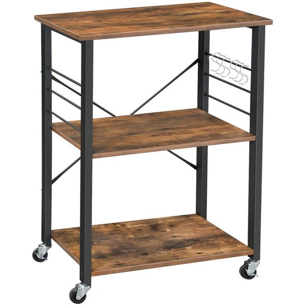 VASAGLE Servierwagen Küchenregal auf Rollen, mit 3 Ebenen, Mikrowellenregal mit 6 Haken, 60 x 40 x 89 cm, Küchenwagen für Mini-Backofen und Toaster
