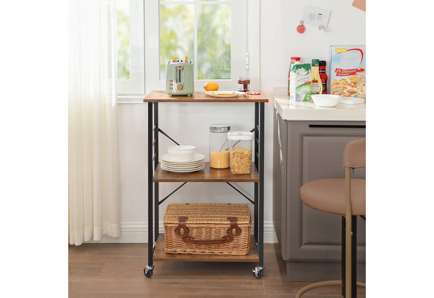 VASAGLE Servierwagen Küchenregal auf Rollen, mit 3 Ebenen, Mikrowellenregal mit 6 Haken, 60 x 40 x 89 cm, Küchenwagen für Mini-Backofen und Toaster – Bild 2 von 5