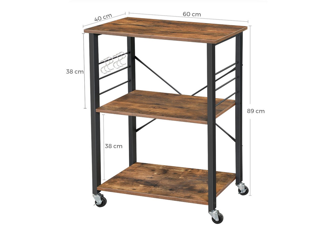 VASAGLE Servierwagen Küchenregal auf Rollen, mit 3 Ebenen, Mikrowellenregal mit 6 Haken, 60 x 40 x 89 cm, Küchenwagen für Mini-Backofen und Toaster – Bild 3 von 5