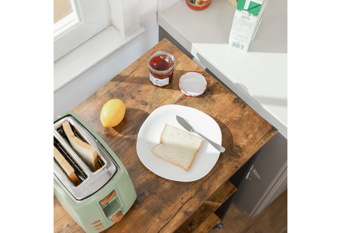 VASAGLE Servierwagen Küchenregal auf Rollen, mit 3 Ebenen, Mikrowellenregal mit 6 Haken, 60 x 40 x 89 cm, Küchenwagen für Mini-Backofen und Toaster – Bild 5 von 5