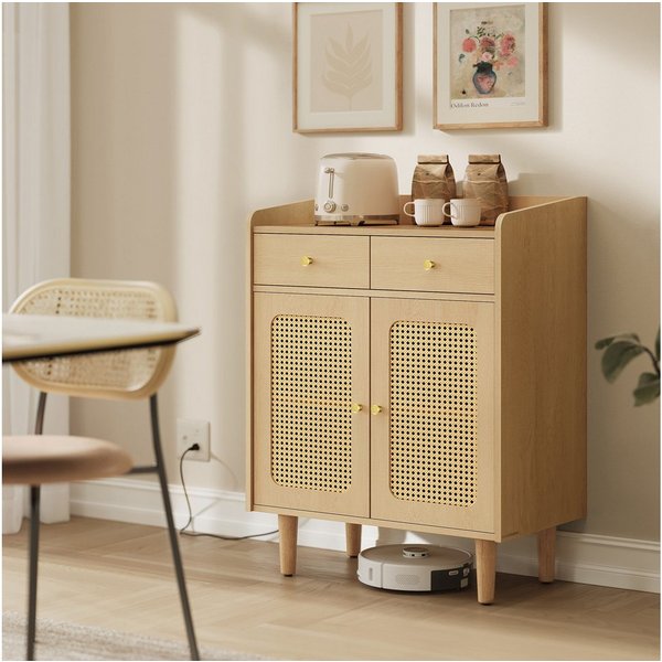 VASAGLE Sideboard Küchenschrank verstellbare Ablage (SONGMICS HOME BOHOVEN Kollektion, Küchenschrank mit Türen in Rattan-Optik, verstellbare Ablage), für Esszim