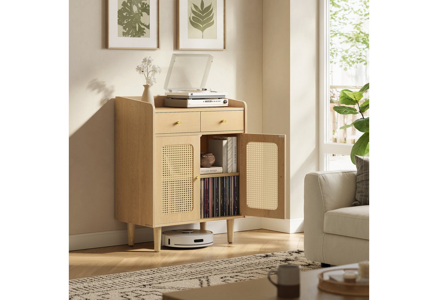 VASAGLE Sideboard Küchenschrank verstellbare Ablage (SONGMICS HOME BOHOVEN Kollektion, Küchenschrank mit Türen in Rattan-Optik, verstellbare Ablage), für Esszim – Bild 2 von 5