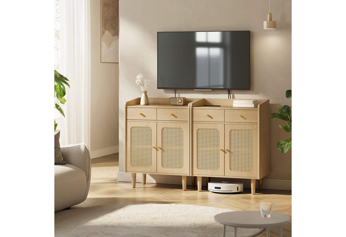 VASAGLE Sideboard Küchenschrank verstellbare Ablage (SONGMICS HOME BOHOVEN Kollektion, Küchenschrank mit Türen in Rattan-Optik, verstellbare Ablage), für Esszim – Bild 3 von 5