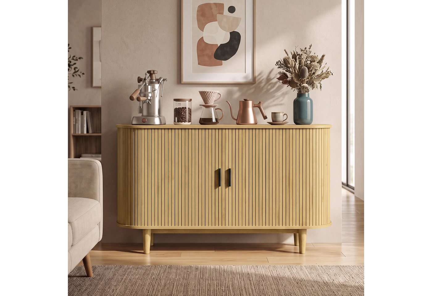 VASAGLE Sideboard mit Schiebetüren und Abgerundeten Ecken, Verstellbare Einlegeböden – Bild 2 von 5