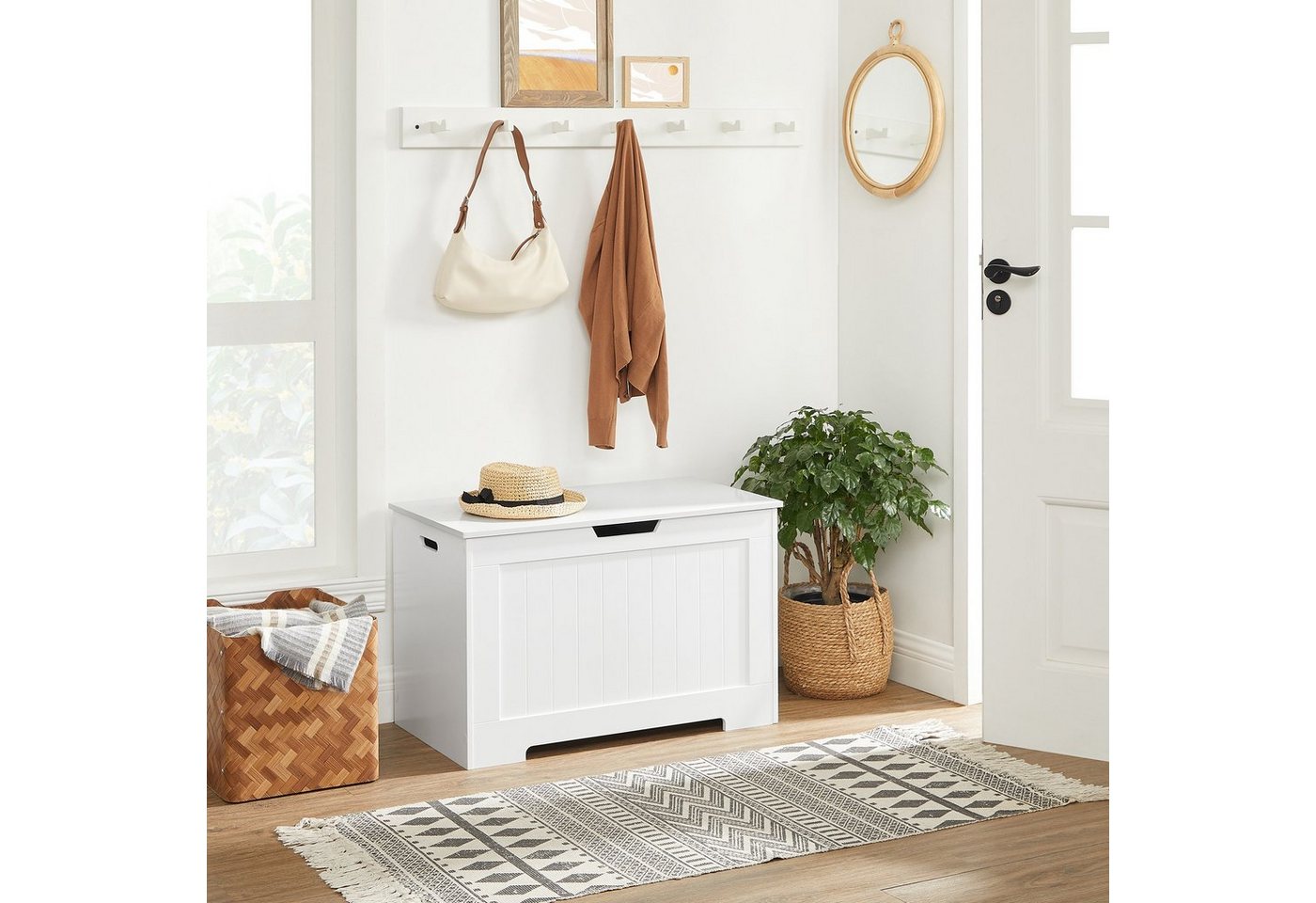 VASAGLE Sitzbank Schuhbank, Sitztruhe, 40 x 76 x 48 cm, Flur, Schlafzimmer, Wohnzimmer (1-St), mit Stauraum, 2 Sicherheitsscharniere, Landhausstil, wolkenweiß – Bild 2 von 5