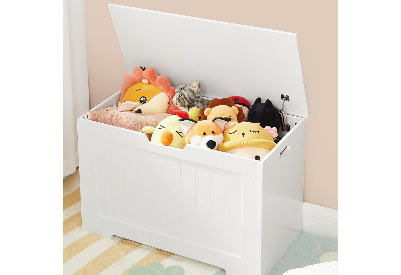 VASAGLE Sitzbank Schuhbank, Sitztruhe, 40 x 76 x 48 cm, Flur, Schlafzimmer, Wohnzimmer (1-St), mit Stauraum, 2 Sicherheitsscharniere, Landhausstil, wolkenweiß – Bild 3 von 5