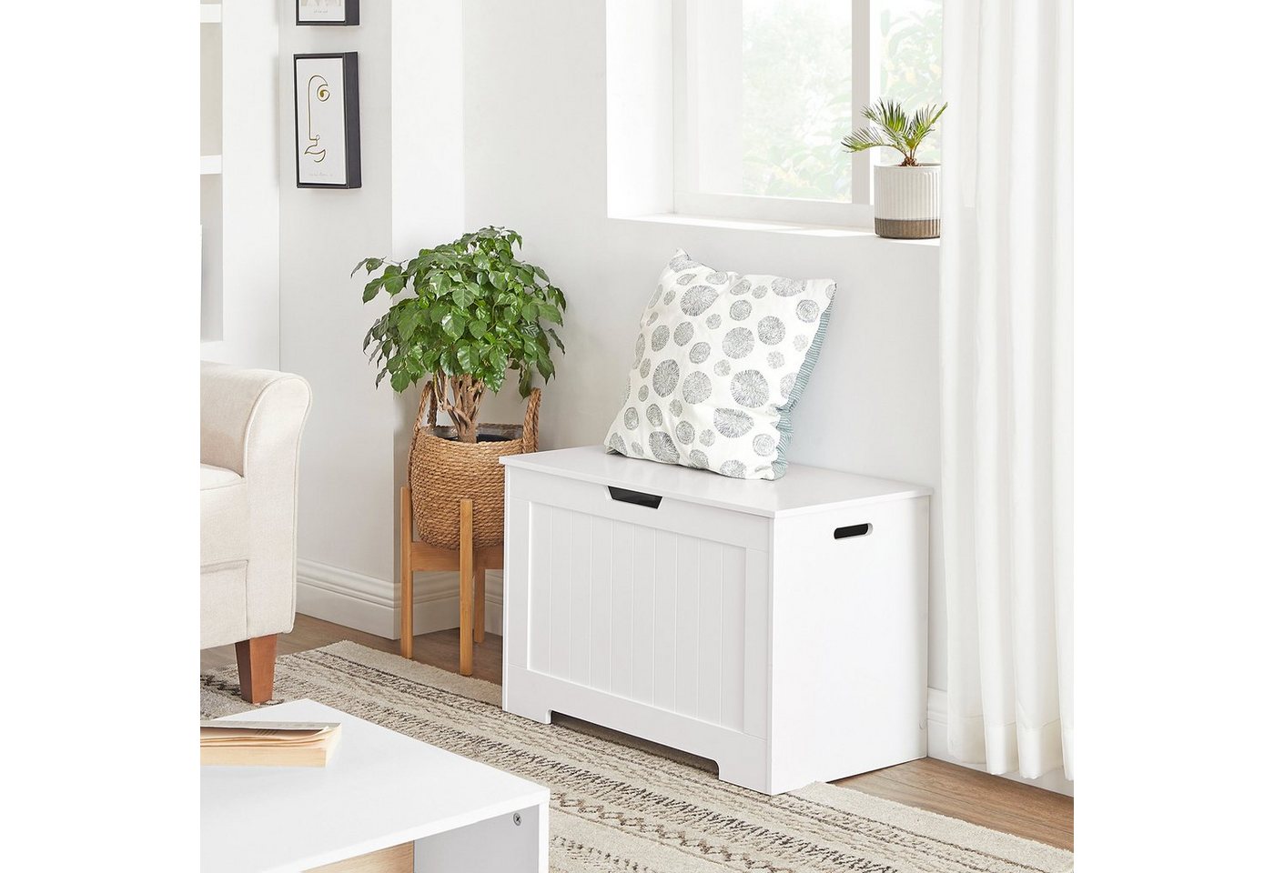 VASAGLE Sitzbank Schuhbank, Sitztruhe, 40 x 76 x 48 cm, Flur, Schlafzimmer, Wohnzimmer (1-St), mit Stauraum, 2 Sicherheitsscharniere, Landhausstil, wolkenweiß – Bild 4 von 5