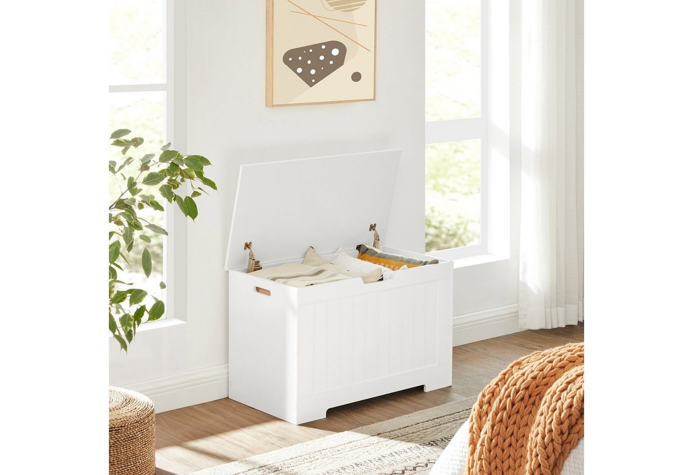 VASAGLE Sitzbank Schuhbank, Sitztruhe, 40 x 76 x 48 cm, Flur, Schlafzimmer, Wohnzimmer (1-St), mit Stauraum, 2 Sicherheitsscharniere, Landhausstil, wolkenweiß – Bild 5 von 5
