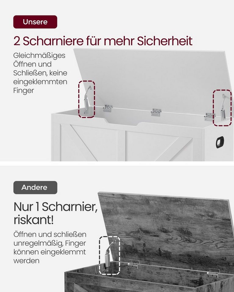 VASAGLE Sitzbank Schuhbank, mit Stauraum, Sitztruhe, 2 Sicherheitsscharniere, Aufbewahrungsschrank, 100 x 40 x 46,4 cm, Landhausstil – Bild 4 von 5