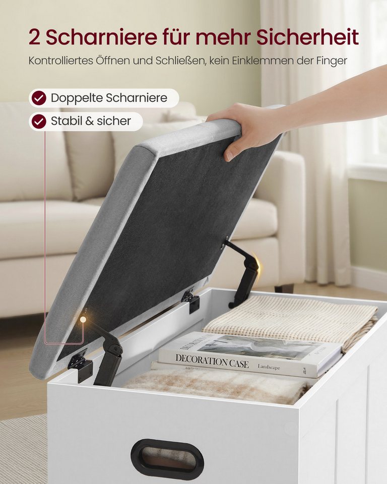VASAGLE Sitzbank Truhe mit Deckel, Truhenbank mit Stauraum, für Flur, Schlafzimmer, 2 Sicherheitsscharniere, Schuhbank, 41 x 81 x 49 cm – Bild 4 von 5