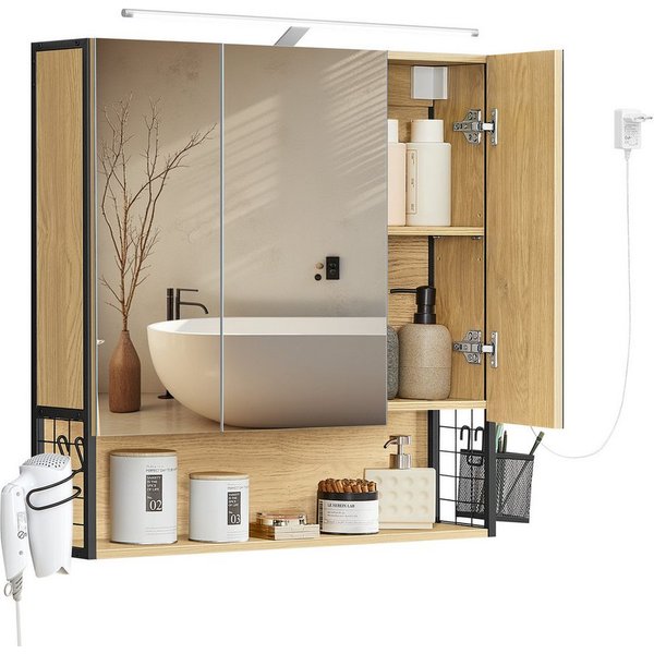 VASAGLE Spiegelschrank Badezimmerschrank, Badschrank, Wandschrank (mit LED-Beleuchtung) mit Stecker, Hängekorb, Haartrockner-Halter, natureichenfarben