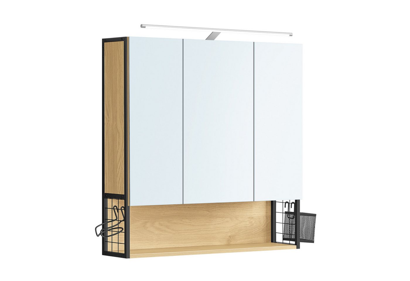 VASAGLE Spiegelschrank Badezimmerschrank, Badschrank, Wandschrank (mit LED-Beleuchtung) mit Stecker, Hängekorb, Haartrockner-Halter, natureichenfarben – Bild 2 von 5