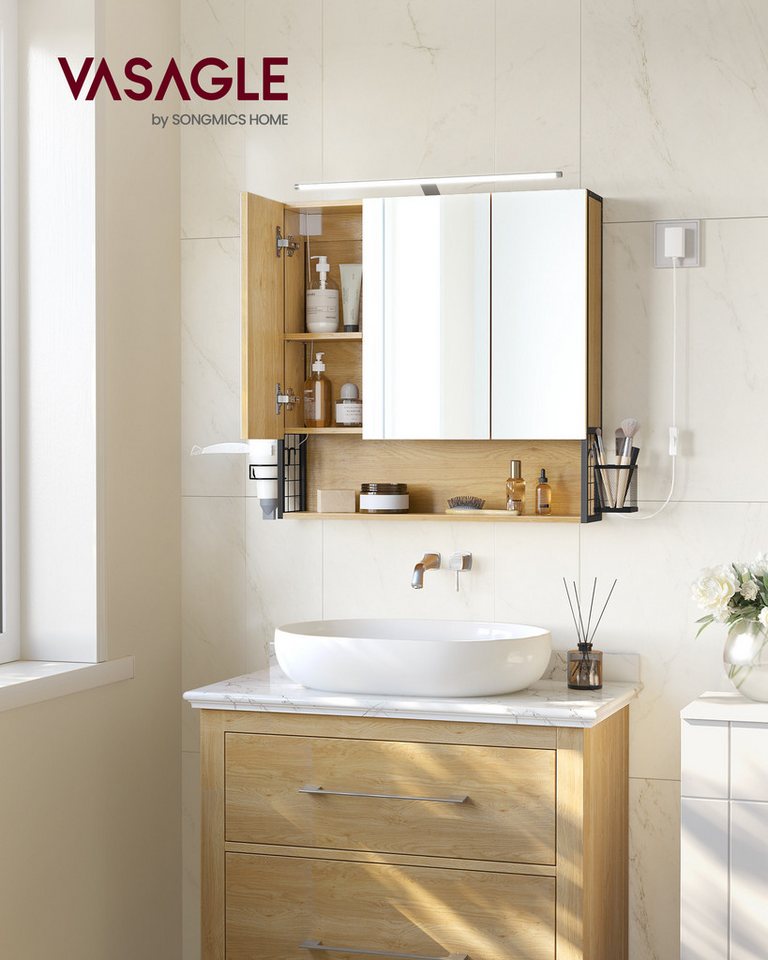 VASAGLE Spiegelschrank Badezimmerschrank, Badschrank, Wandschrank (mit LED-Beleuchtung) mit Stecker, Hängekorb, Haartrockner-Halter, natureichenfarben – Bild 3 von 5