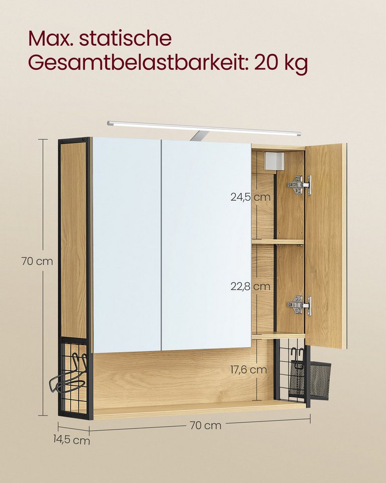 VASAGLE Spiegelschrank Badezimmerschrank, Badschrank, Wandschrank (mit LED-Beleuchtung) mit Stecker, Hängekorb, Haartrockner-Halter, natureichenfarben – Bild 4 von 5