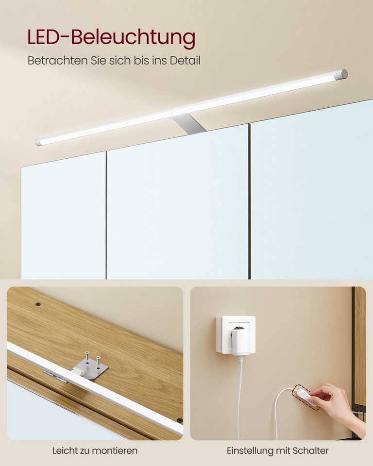 VASAGLE Spiegelschrank Badezimmerschrank, Badschrank, Wandschrank (mit LED-Beleuchtung) mit Stecker, Hängekorb, Haartrockner-Halter, natureichenfarben – Bild 5 von 5