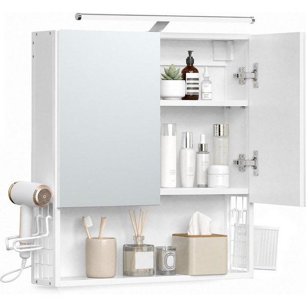 VASAGLE Spiegelschrank Badezimmerschrank, Badschrank, Wandschrank (mit LED-Beleuchtung) mit Stecker, Hängekorb, Haartrockner-Halter,56 x 13 x 58 cm