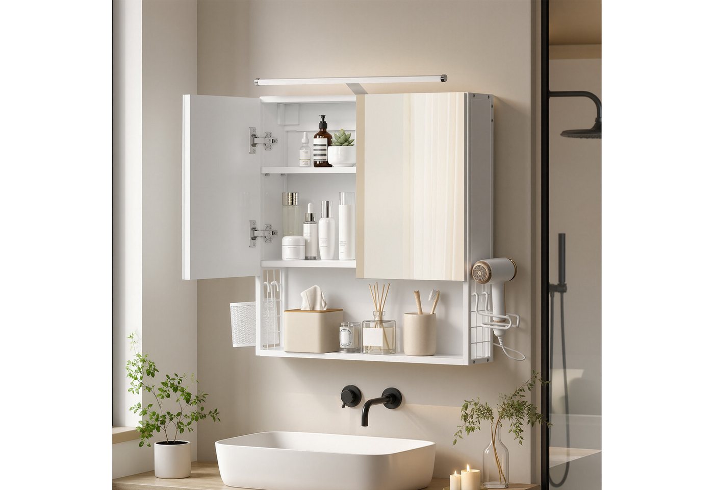 VASAGLE Spiegelschrank Badezimmerschrank, Badschrank, Wandschrank (mit LED-Beleuchtung) mit Stecker, Hängekorb, Haartrockner-Halter,56 x 13 x 58 cm – Bild 2 von 5