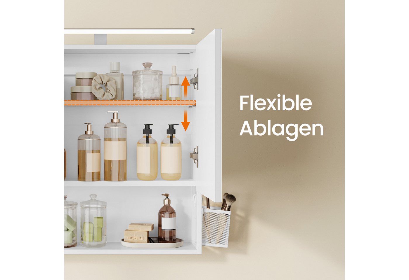 VASAGLE Spiegelschrank Badezimmerschrank, Badschrank, Wandschrank (mit LED-Beleuchtung) mit Stecker, Hängekorb, Haartrockner-Halter,56 x 13 x 58 cm – Bild 3 von 5