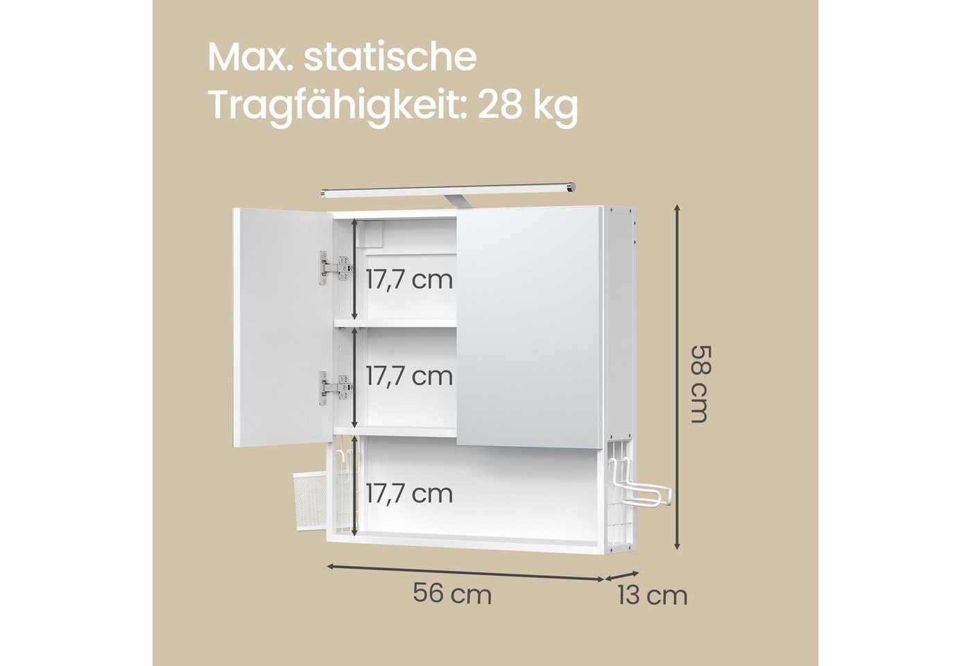 VASAGLE Spiegelschrank Badezimmerschrank, Badschrank, Wandschrank (mit LED-Beleuchtung) mit Stecker, Hängekorb, Haartrockner-Halter,56 x 13 x 58 cm – Bild 5 von 5