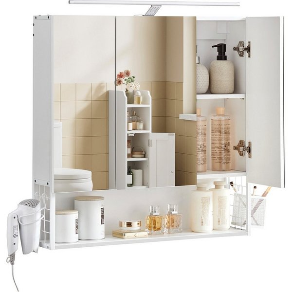 VASAGLE Spiegelschrank Badezimmerschrank, Badschrank, Wandschrank (mit LED-Beleuchtung) mit Stecker, Hängekorb, Haartrockner-Halter, wolkenweiß