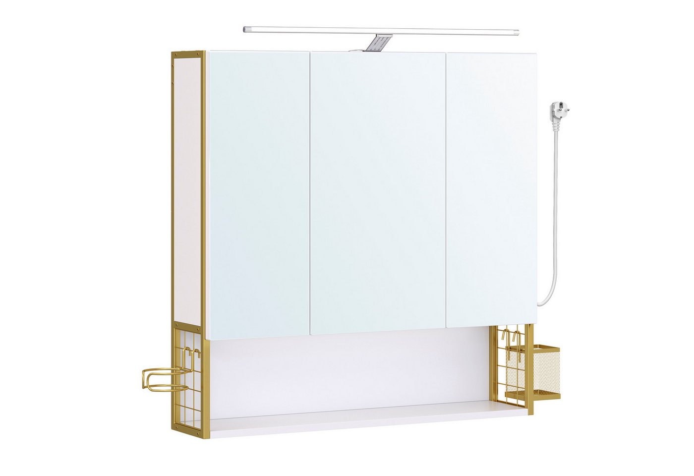 VASAGLE Spiegelschrank Badezimmerschrank, Badschrank, Wandschrank (mit LED-Beleuchtung) mit Steckdose, Föhnhalter, Großem Stauraum, Wolkenweiß-Grüngoldfarben – Bild 2 von 5